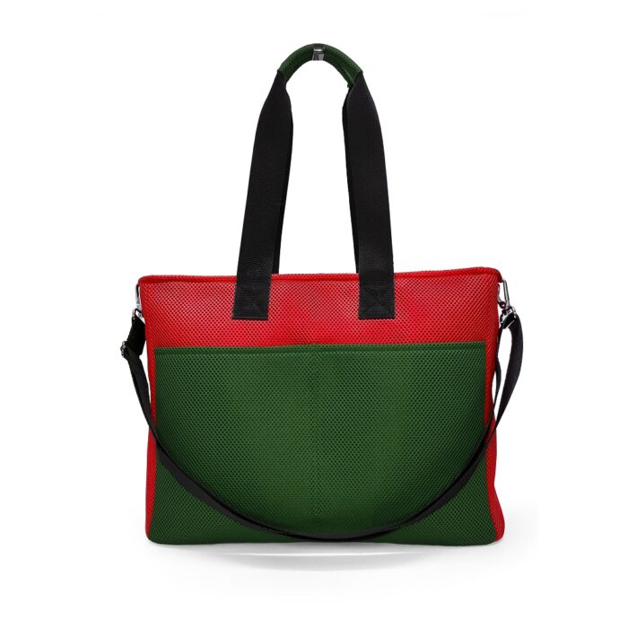 Bolso BOX L en 3D asa larga verde pino y rojo trasera