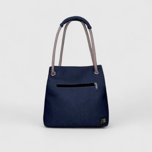 Bolso Kraft en tejido 3D azul índigo y cuerda jaspe rojo