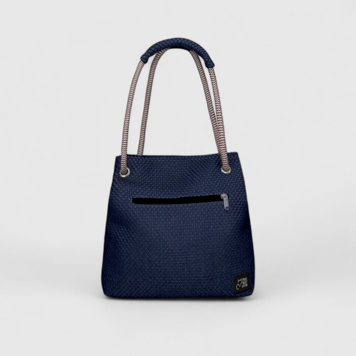 Bolso Kraft en tejido 3D azul índigo y cuerda jaspe rojo