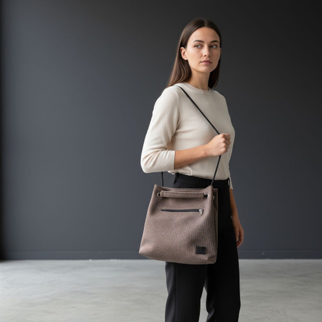 Modelo con bolso Kraft Stone